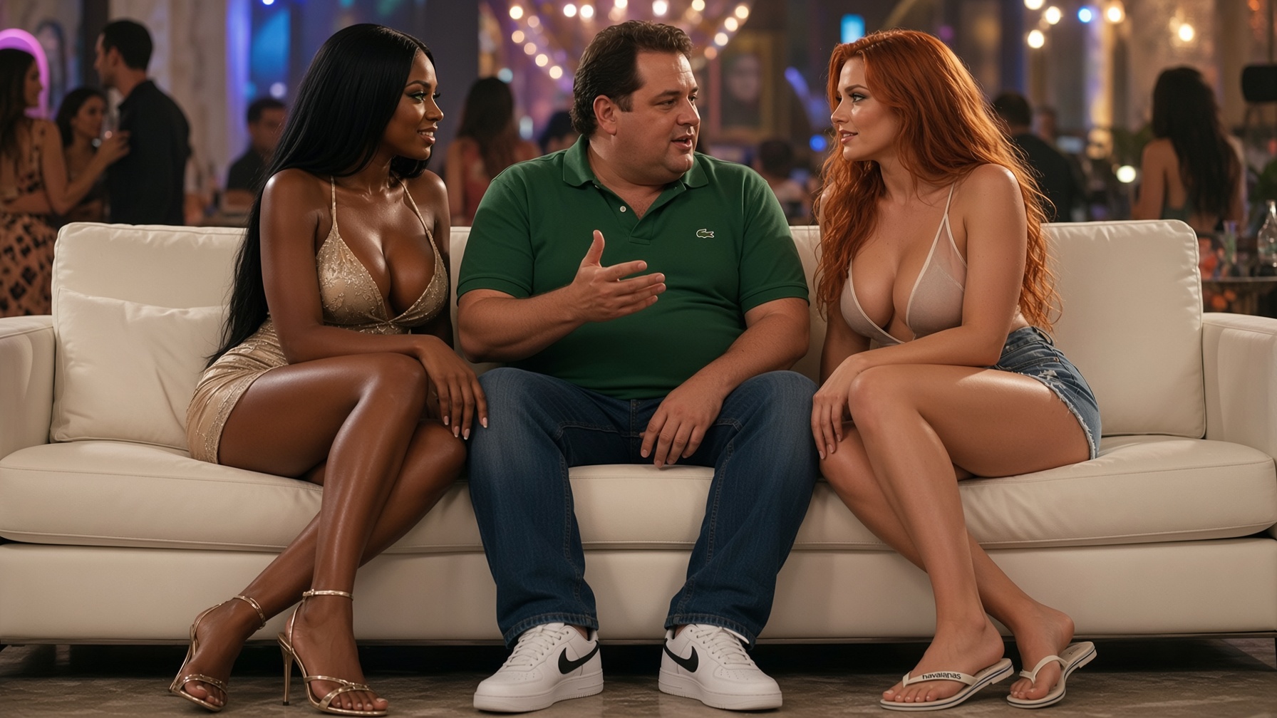 Homem conversando de forma descontraída com duas mulheres