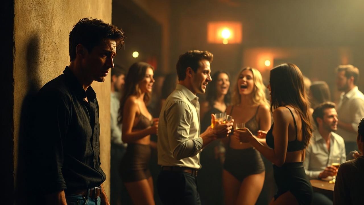 Homem isolado e triste enquanto casais se divertem ao fundo